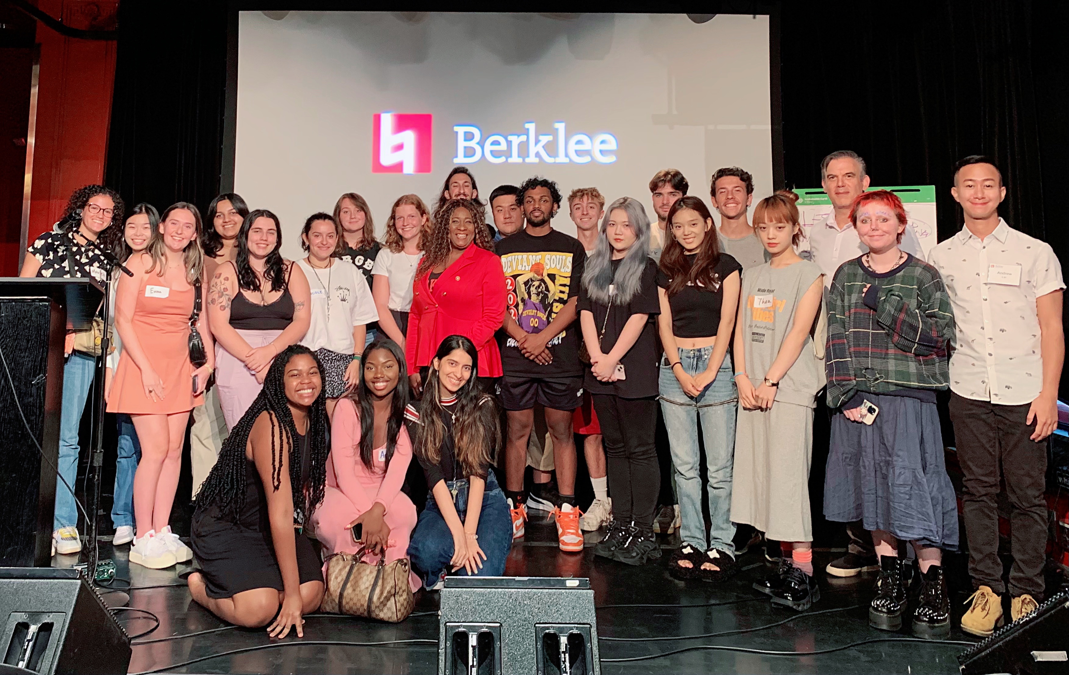 Students with Butler, center, in Berklee’s Music Industry Leadership and Innovation program