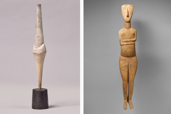 Cycladic form (1976) by Hans Coper with marble female figure (2600–2400 BCE) attributed to the Bastis Master