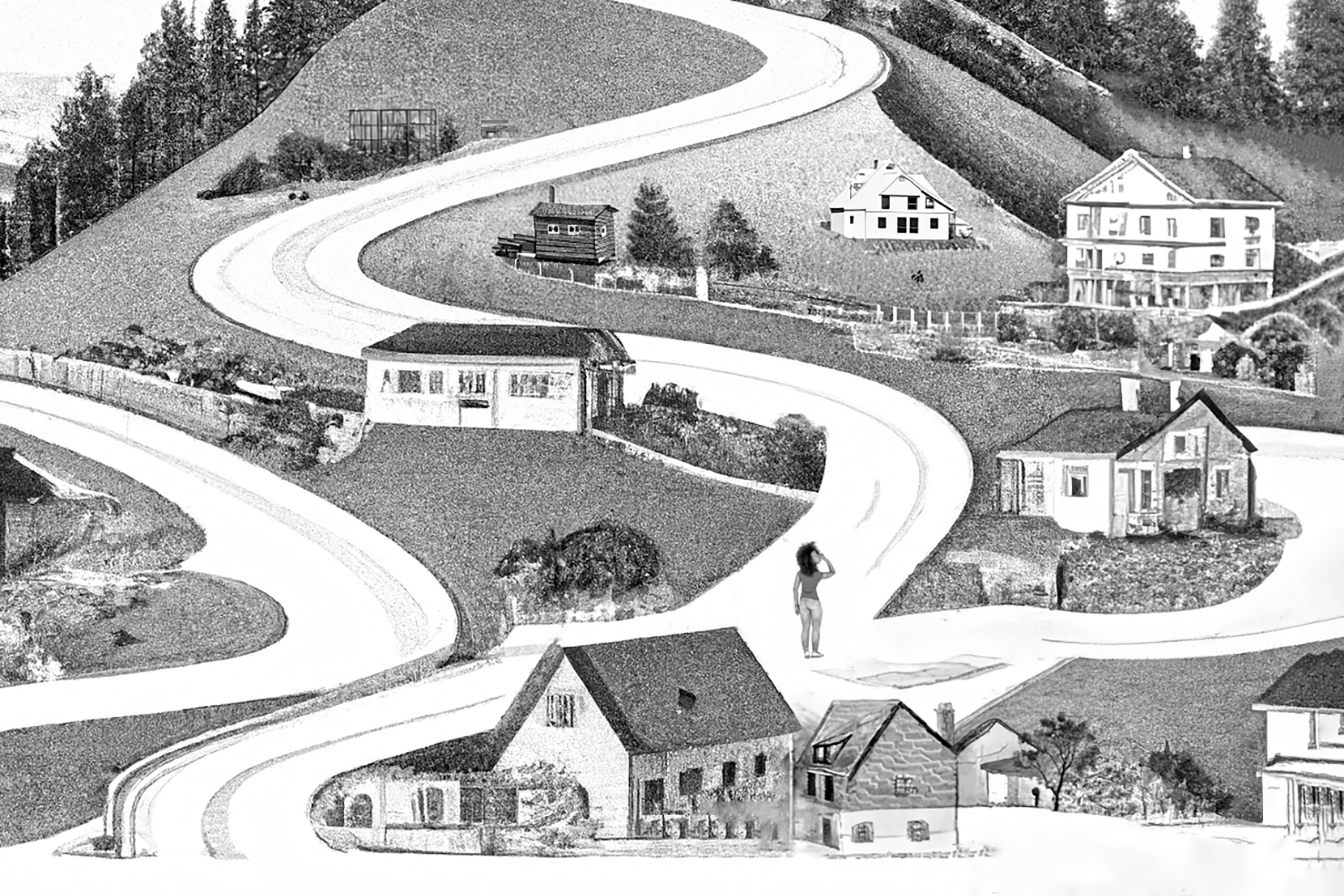 Black and white zoomed out illustration of woman standing on winding road with many houses along it
