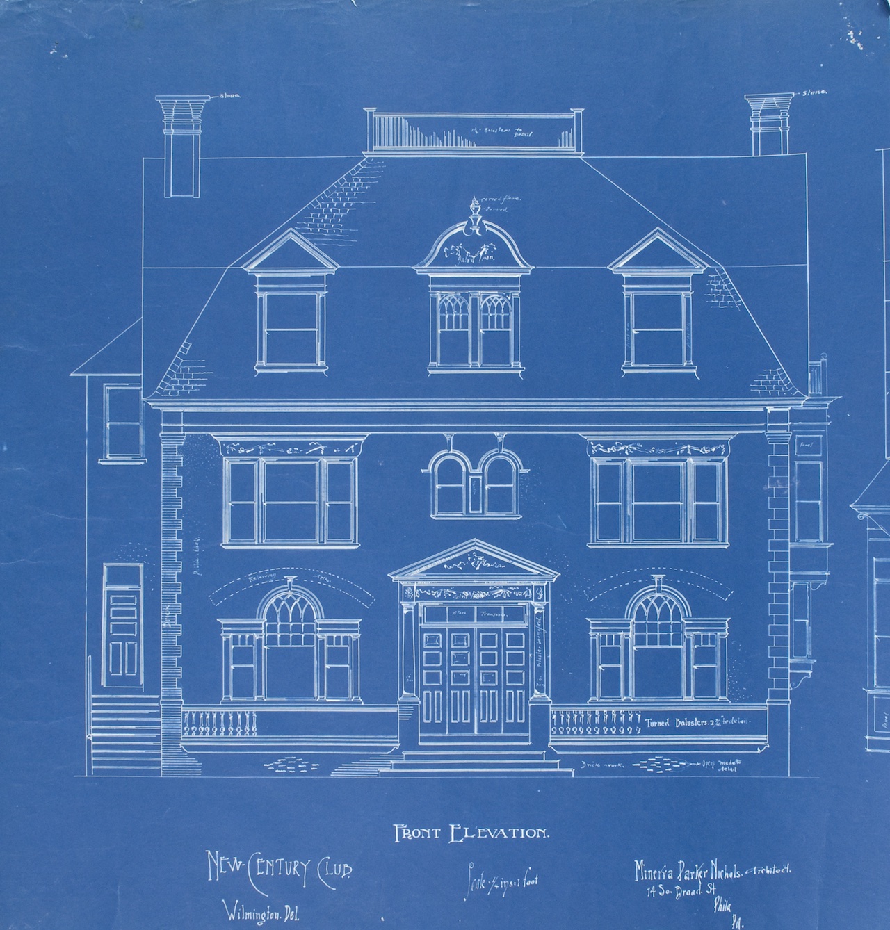 Blue elevation drawing of architect Minerva Parker Nichols' New Century Club of Wilmington (1892–93)