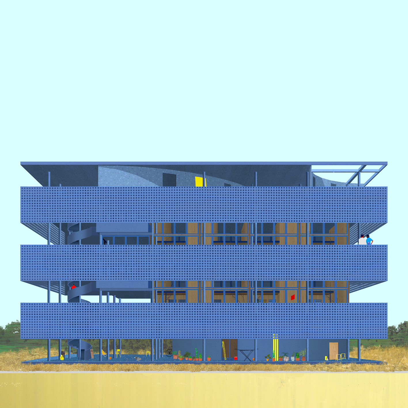 Digital architectural drawing of Faux Corbu, a prototype for cooperative housing developed by Dogma in 2023.