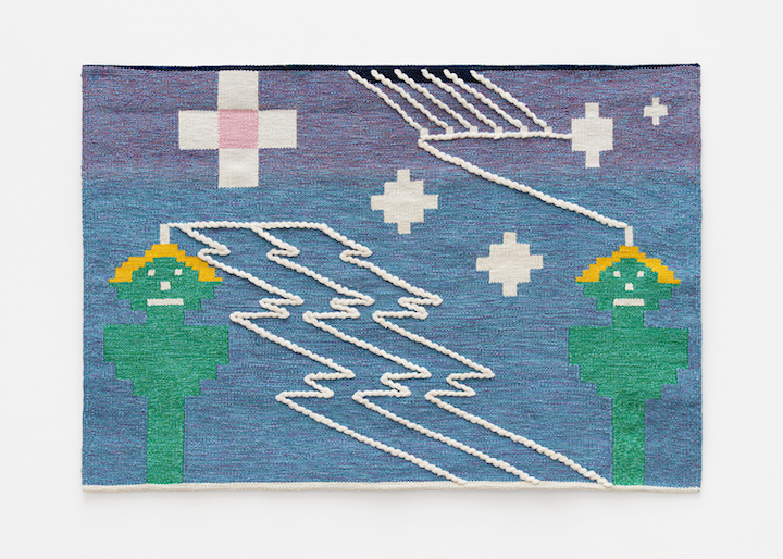 A blue and green weaving by artist Charlotte Johannesson called “Brainwaves” (1970, remade by Tiyoko Tomikawa in 2020)