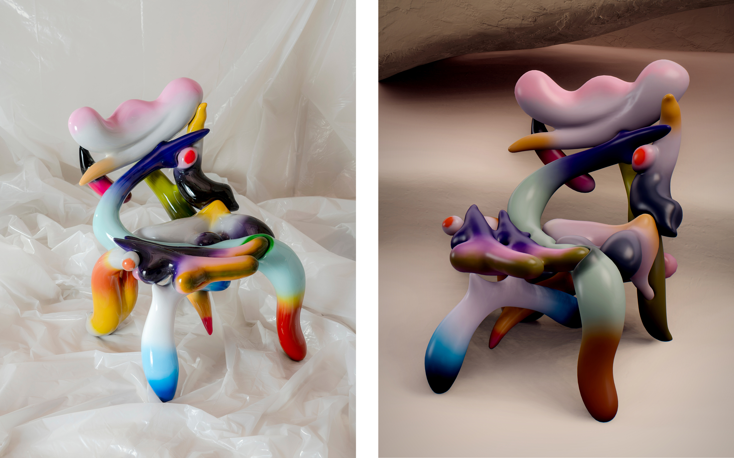 Kahn’s “It Must Have Been The Clams” chair (2021), shown as an NFT (left) and as a physical chair. (Photo: Sean Davidson. Courtesy Friedman Benda and Misha Kahn)