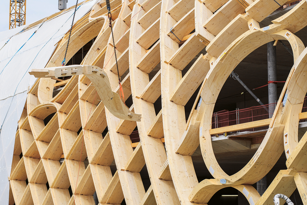 Construction firm Blumer-Lehmann AG builds the Shigeru Ban–designed Swatch headquarters in Biel/Bienne, Switzerland. (Photo: Blumer-Lehmann AG)