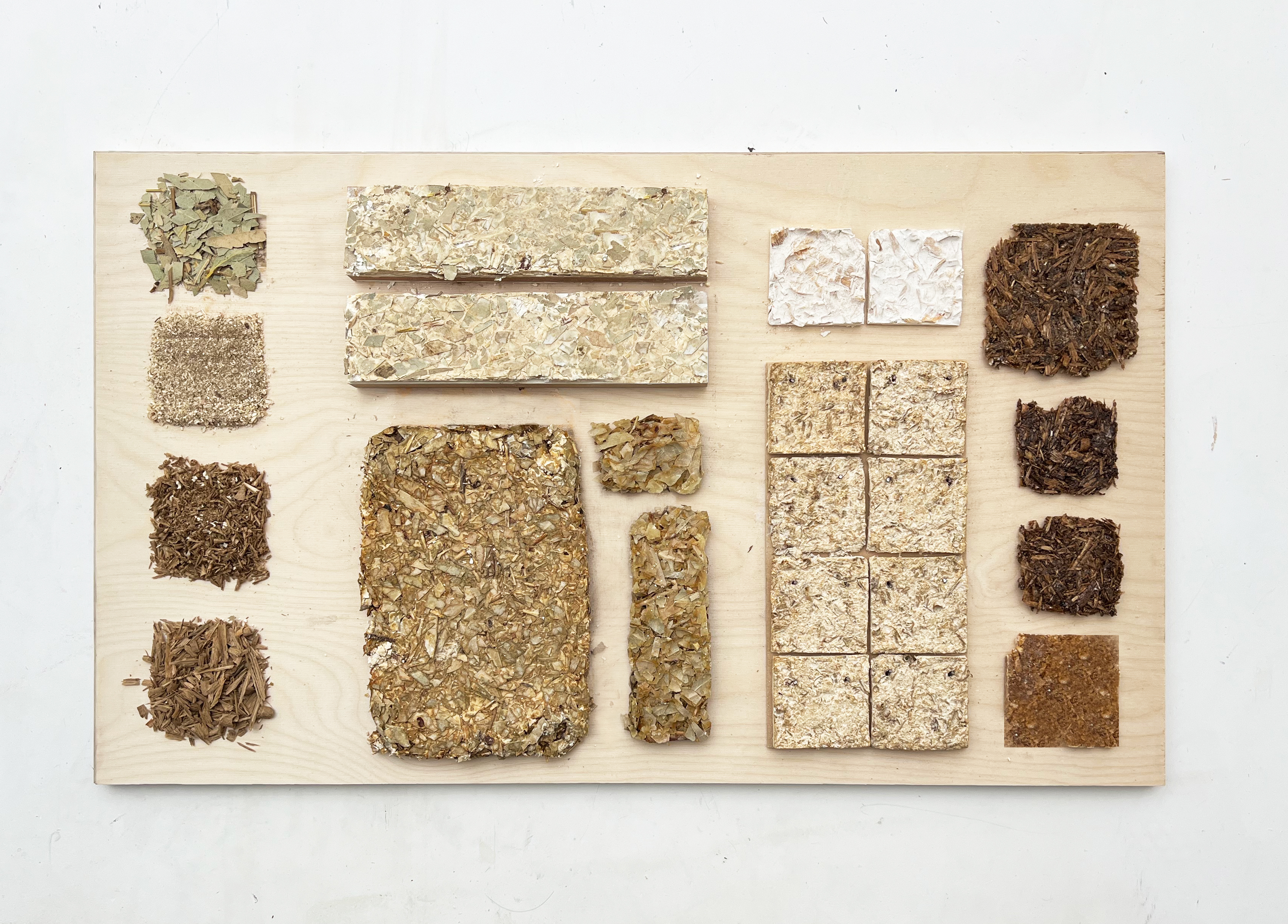 Eucalyptus, cornflour binder, pine resin, sawdust, and other matter used in Material Cultures’s research and building projects, created by the firm with Central Saint Martin students Adam Stanford and Sabina Shaybazyan. (Courtesy Material Cultures)