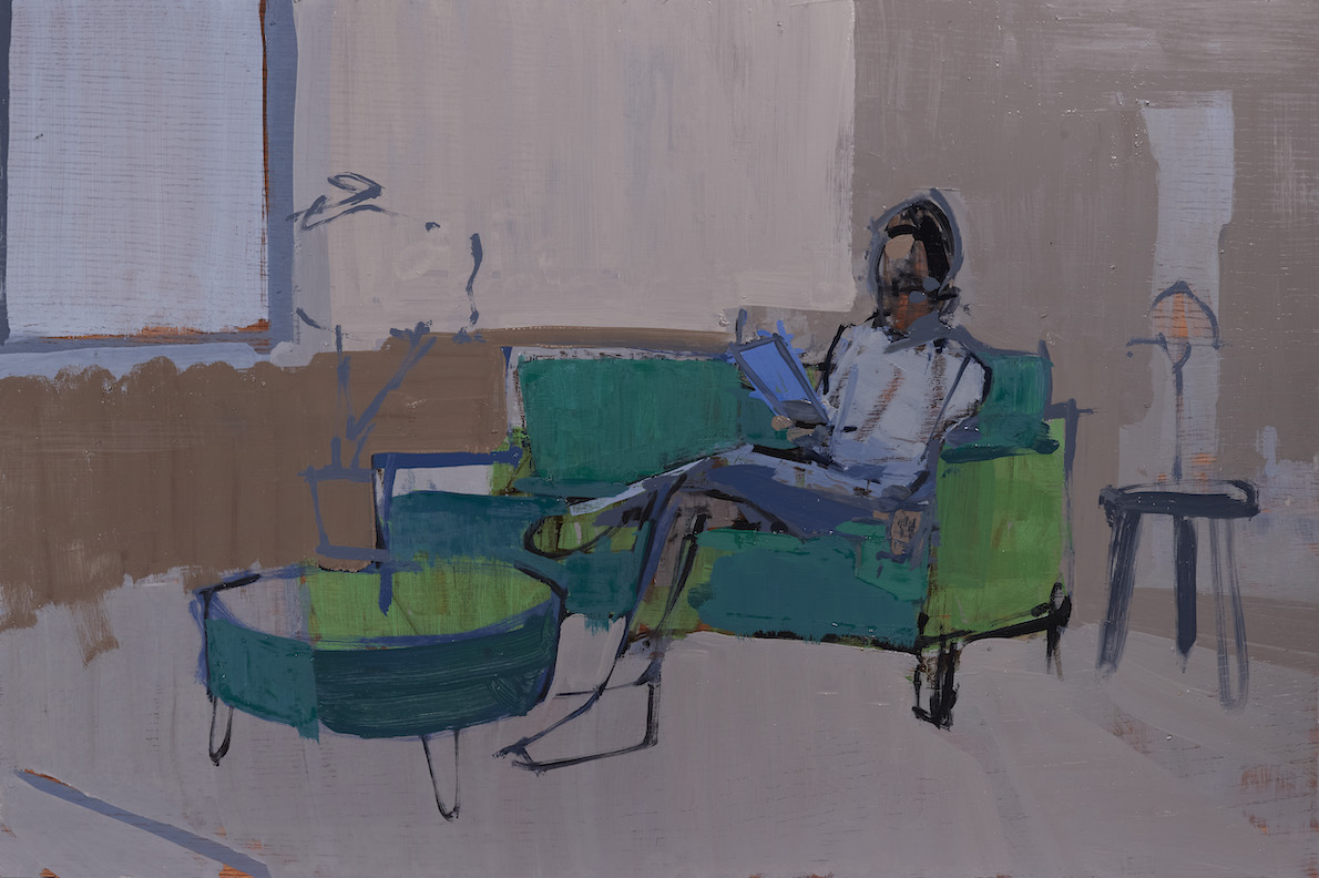 Painting of a person sitting on a couch in a living room reading