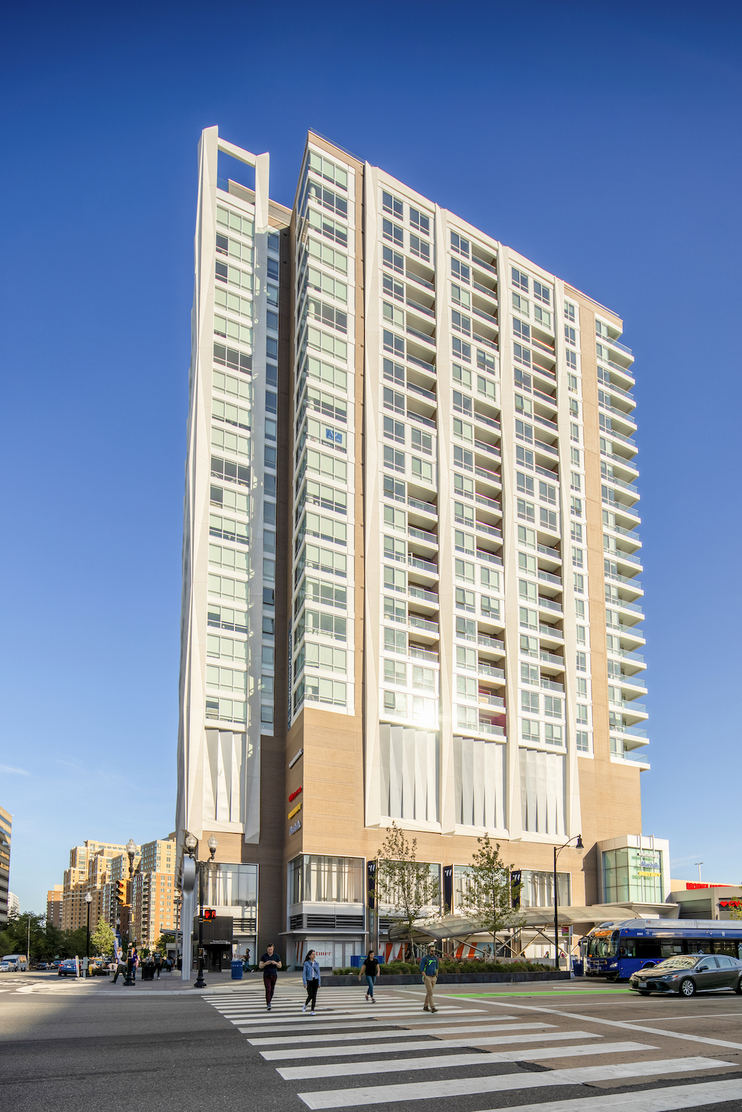 A tall building against a clear blue sky