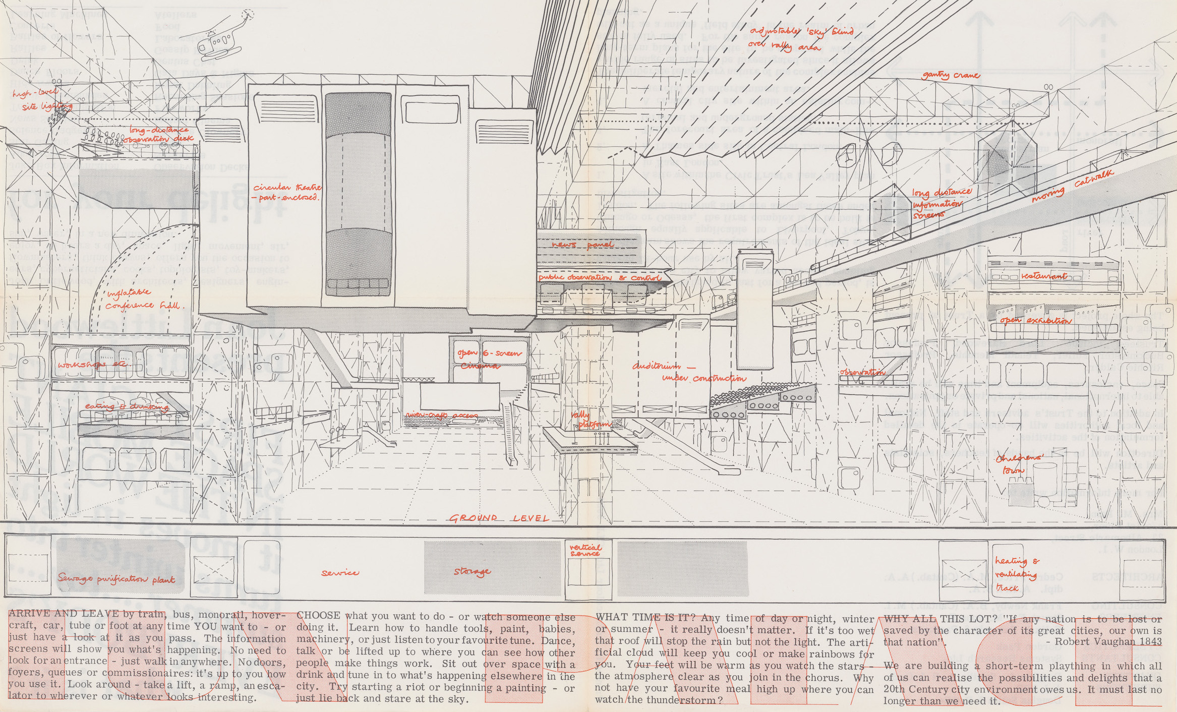 marked up architectural sketch of Cedric Price's Fun Palace with typed notes at the bottom