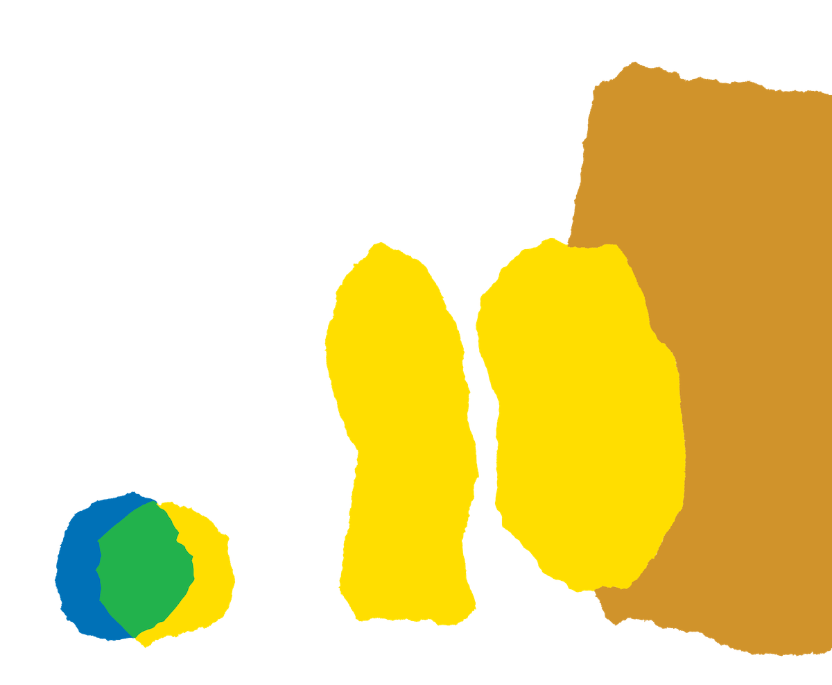 illustration of little blue and little yellow overlapping, two medium-size yellow blobs to their left, and one large brown blob behind them