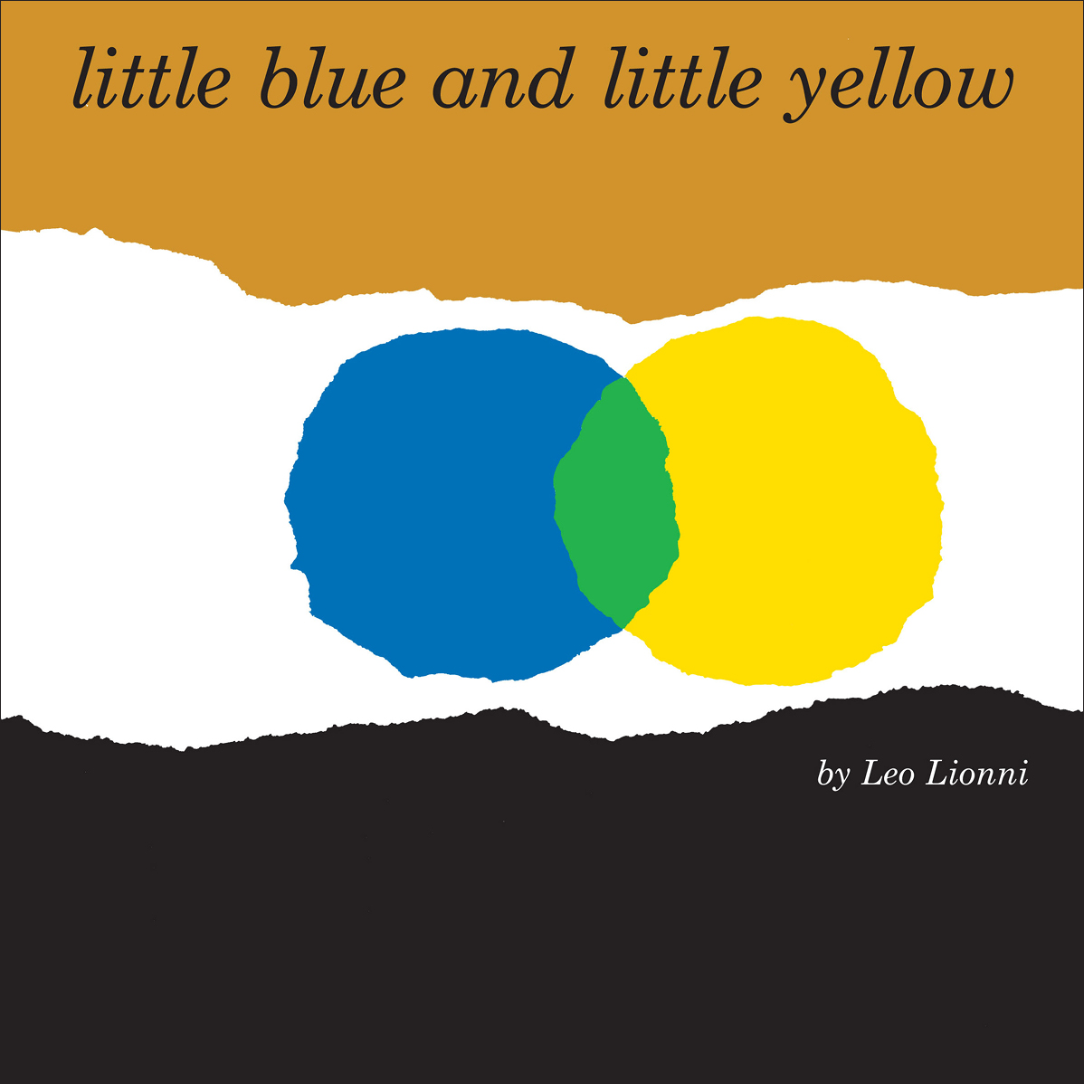 square minimalist book cover with black, white, and brown background and little blue and little yellow overlapping in the middle to make green