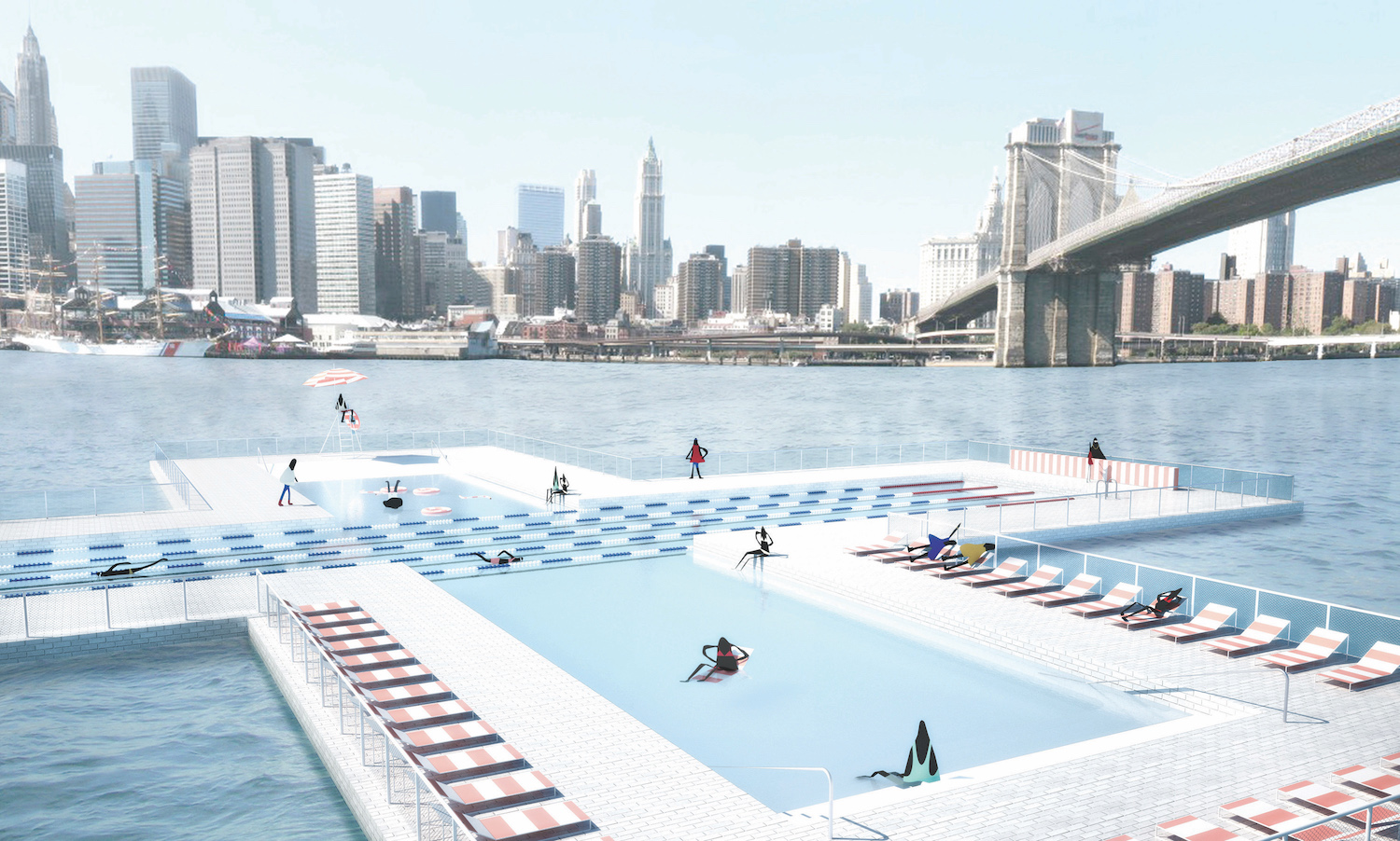 Digital rendering of the Plus Pool with people in it against the city skyline
