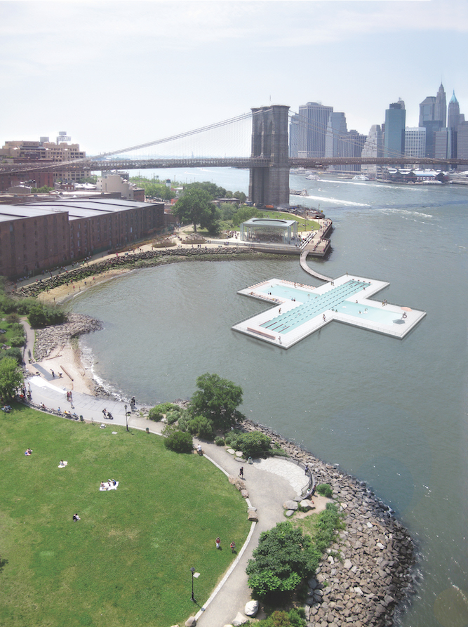 Photorealistic aerial rendering of the Plus Pool on the East River in New York