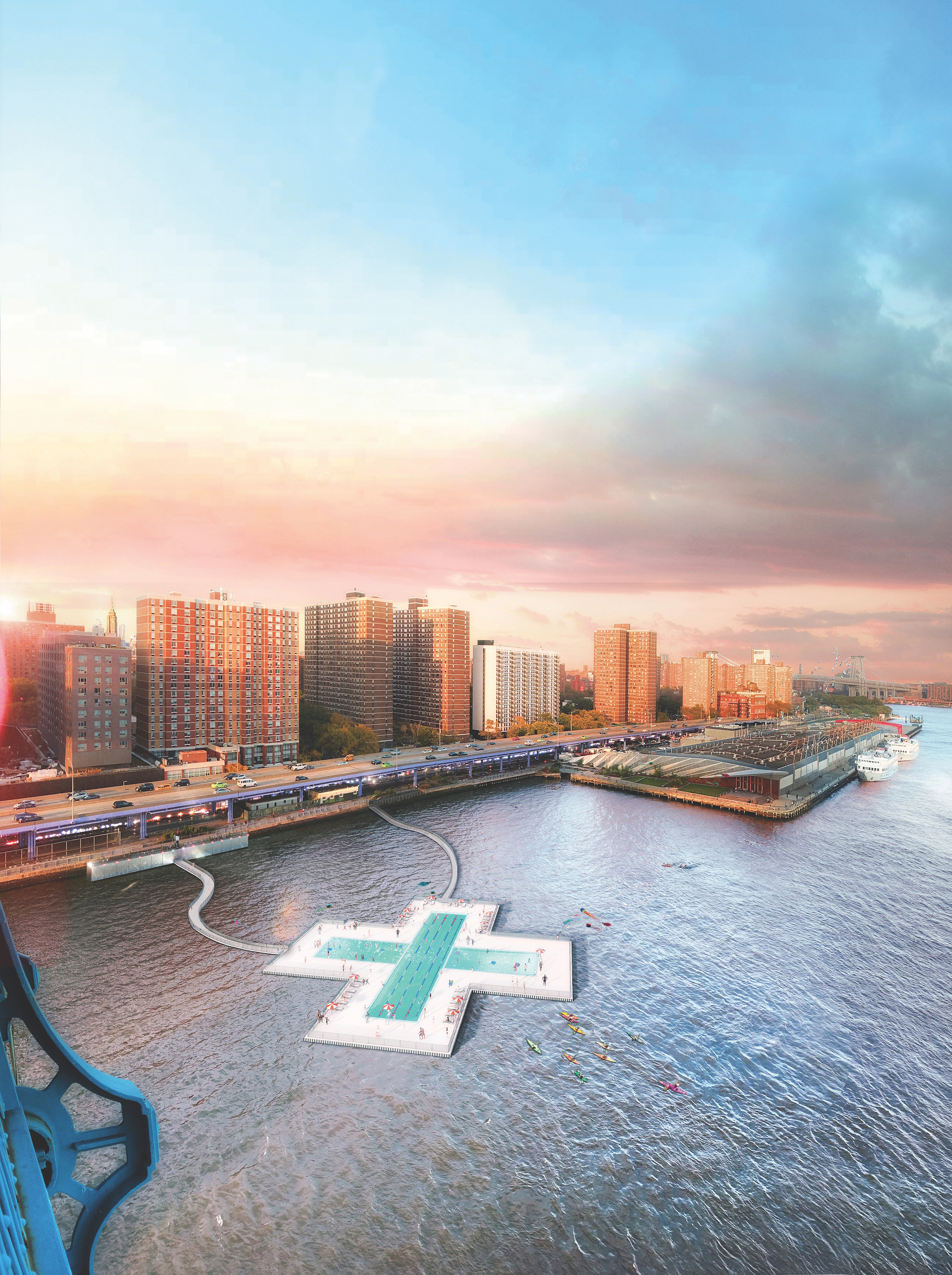 Aerial 2019 rendering of the Plus Pool off of Pier 35 at sunset