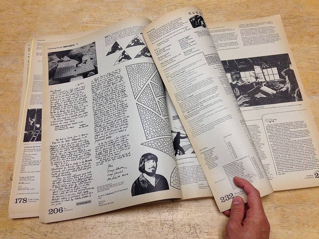 Photo of the inside of a 1975 issue of the Whole Earth Catalog.